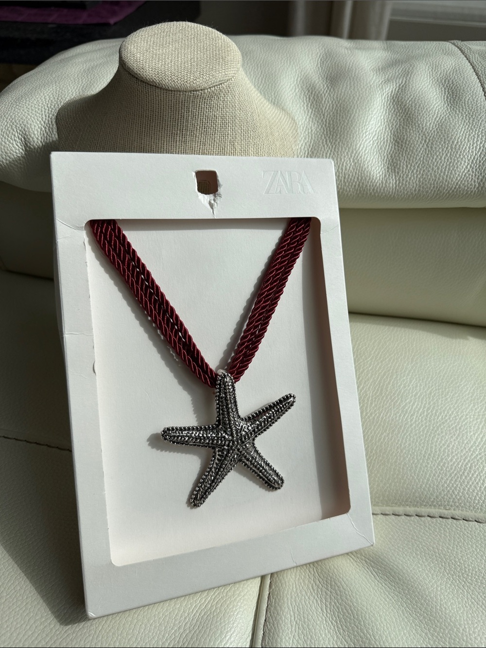 ZARA Silver Starfish Pendant on Deep Red Braided Cord